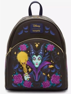 Loungefly Black Mini Backpack with Purple, Teal & Gold Maleficent Design